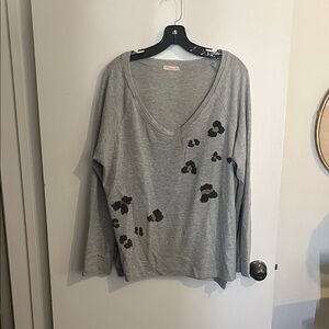 Gray Leopard Print V-Neck Sweater